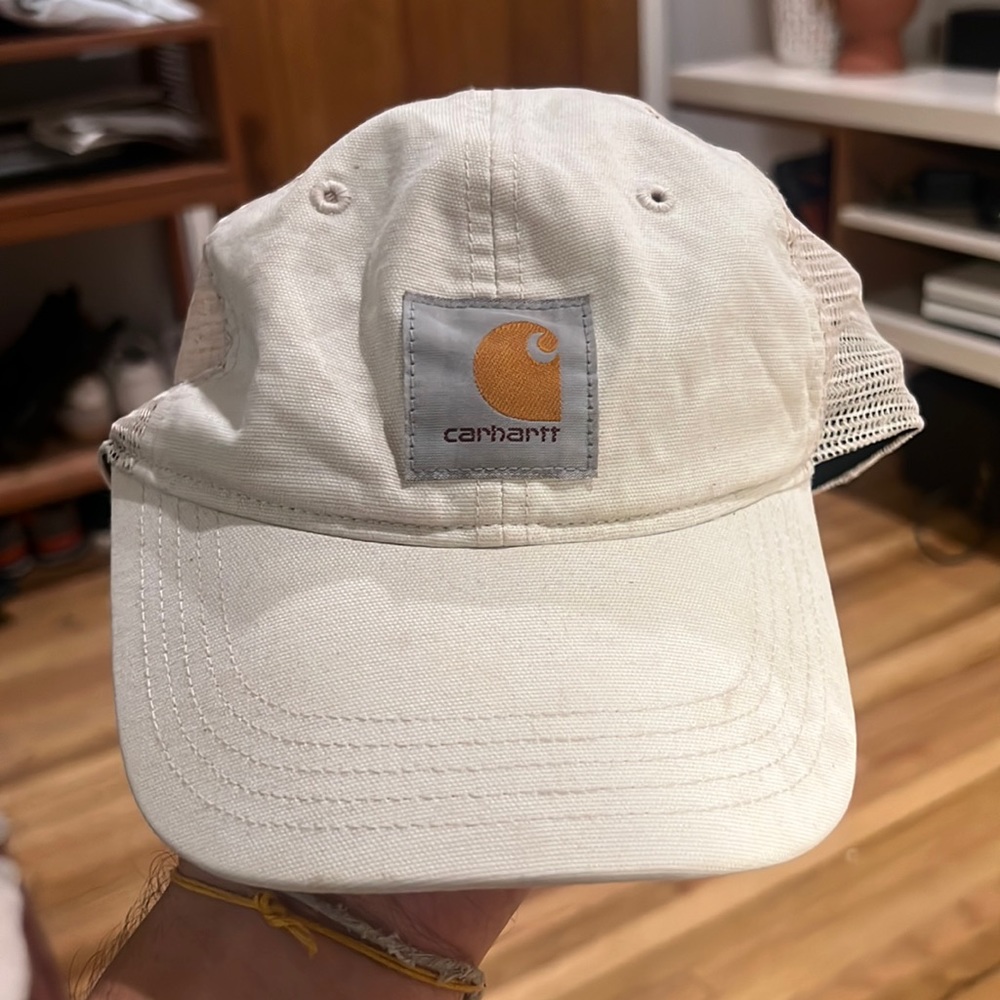 Cream Carharrt mesh snap back baseball hat